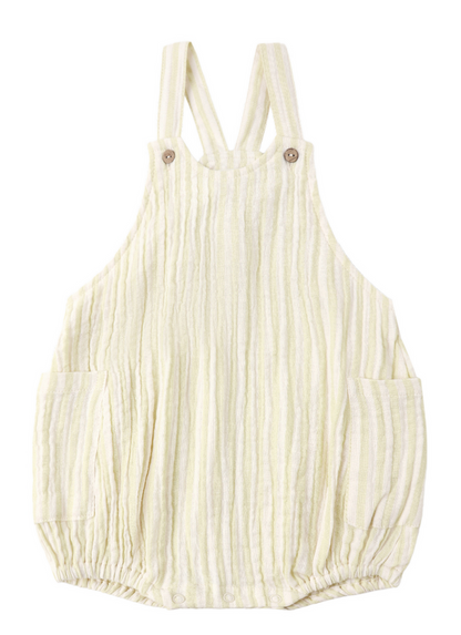 The Rylee & Cru Baby Lou Romper in citron stripe features light yellow and white stripes, adjustable button shoulder straps, two front pockets, and gathered elastic leg openings for a comfy summer style.