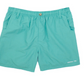 A pair of turquoise Properly Tied Boys' Mallard Shorts featuring an elastic waistband, pockets, belt loops, moisture-wicking fabric, and "PROPERLY TIED" branding on the lower right leg.