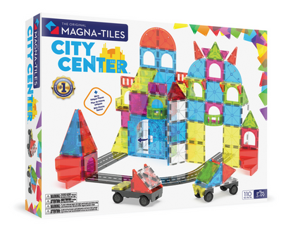 City Center 110-Piece Set by Magnatiles, a dynamic magnetic city building set featuring an array of colorful tiles assembled into imaginative cityscapes, complete with two small toy cars in the foreground for limitless creative construction play.