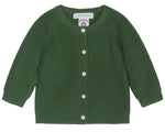 Serendipity Baby Patent Cardigan in green, featuring long sleeves and white buttons, is shown laid flat on a white background. Made from soft, GOTS certified organic cotton, with a label inside that reads “serendipity.”.