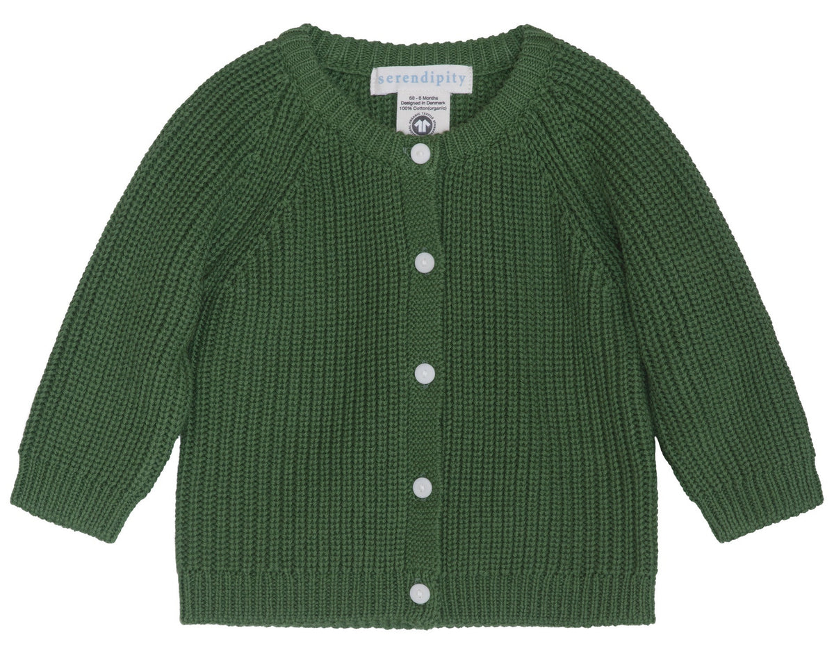Serendipity Baby Patent Cardigan in green, featuring long sleeves and white buttons, is shown laid flat on a white background. Made from soft, GOTS certified organic cotton, with a label inside that reads “serendipity.”.