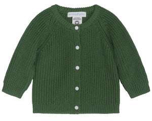 Serendipity Baby Patent Cardigan in green, featuring long sleeves and white buttons, is shown laid flat on a white background. Made from soft, GOTS certified organic cotton, with a label inside that reads “serendipity.”.