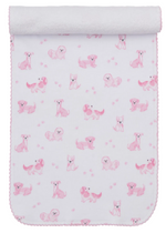 The Kissy Kissy Puppy Paws Printed Burp Cloth is crafted from soft Pima cotton, featuring a pink cartoon puppy and charming puppy paw print pattern, rolled at the top and finished with delicate pink scalloped stitching along the edges.