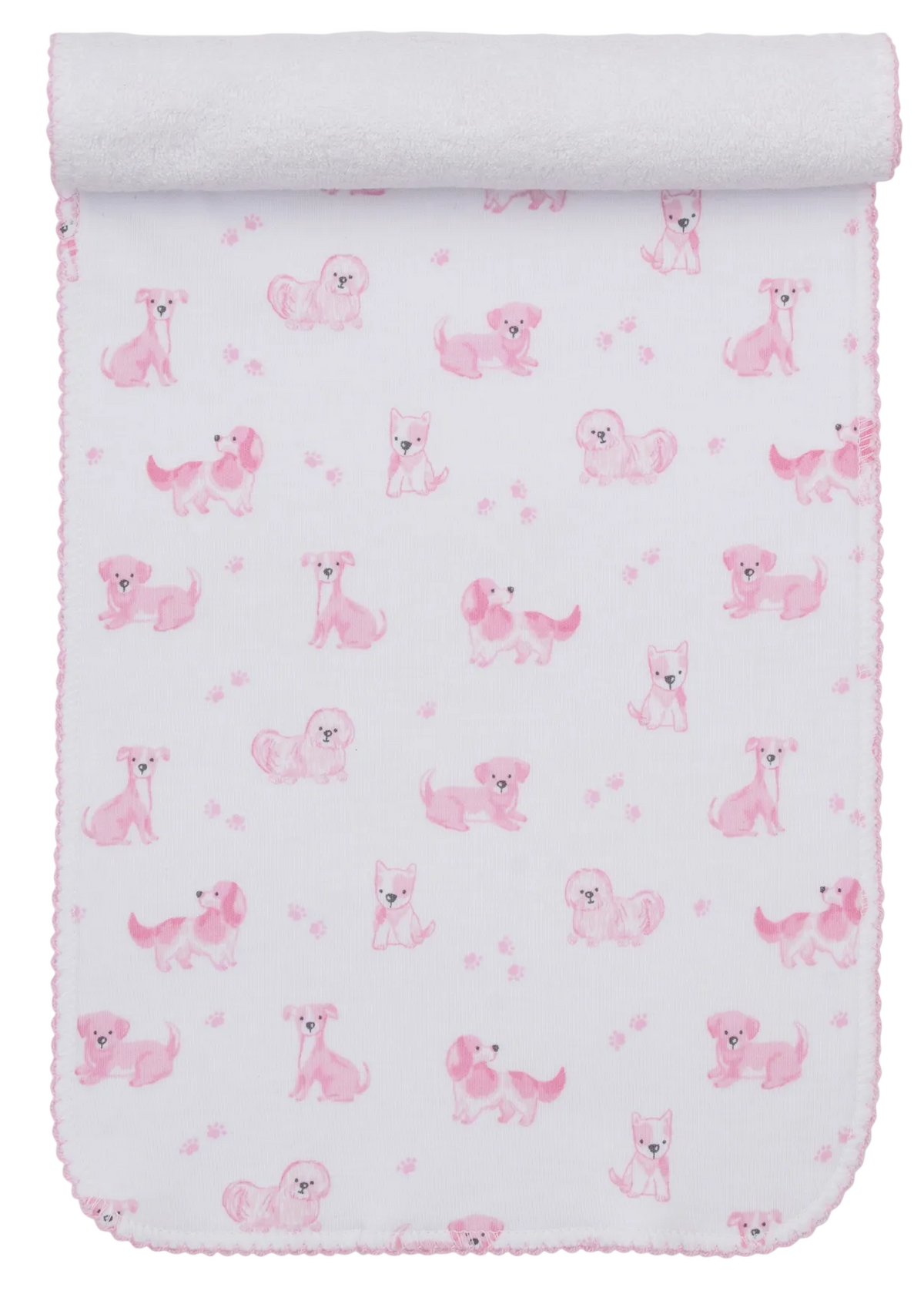 The Kissy Kissy Puppy Paws Printed Burp Cloth is crafted from soft Pima cotton, featuring a pink cartoon puppy and charming puppy paw print pattern, rolled at the top and finished with delicate pink scalloped stitching along the edges.