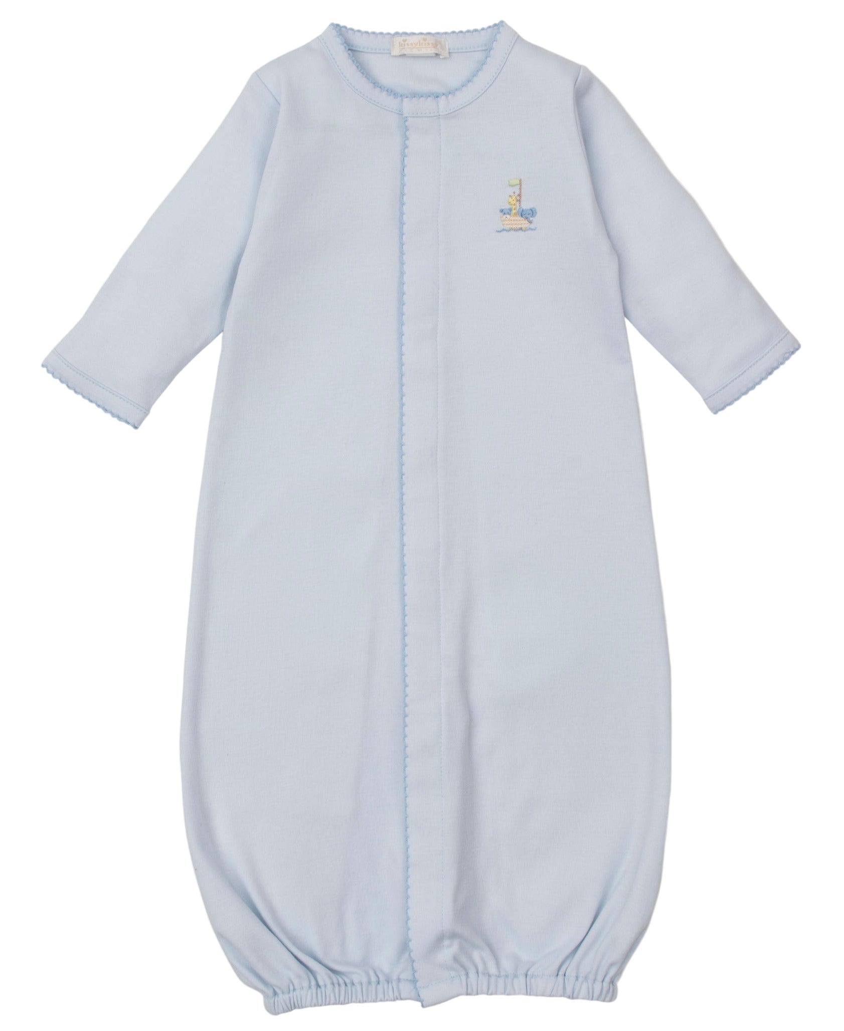 The Kissy Kissy Baby Premier Noah's Ark Convertible Gown with Hand Emb. is a light blue long-sleeve baby gown in soft Peruvian cotton, featuring an elastic hem and delicate hand-embroidered details on the chest.