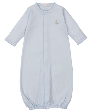 The Kissy Kissy Baby Premier Noah's Ark Convertible Gown with Hand Emb. is a light blue long-sleeve baby gown in soft Peruvian cotton, featuring an elastic hem and delicate hand-embroidered details on the chest.