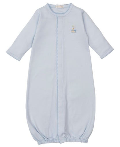 The Kissy Kissy Baby Premier Noah's Ark Convertible Gown with Hand Emb. is a light blue long-sleeve baby gown in soft Peruvian cotton, featuring an elastic hem and delicate hand-embroidered details on the chest.
