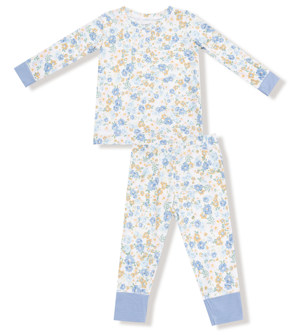The Angel Dear Baby Long Sleeve Loungewear Set features a blue, yellow, and white floral print with solid blue cuffs, crafted from breathable fabric for cozy all-night comfort.