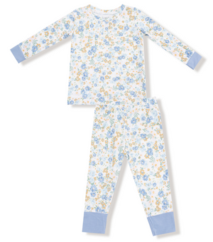 The Angel Dear Baby Long Sleeve Loungewear Set features a blue, yellow, and white floral print with solid blue cuffs, crafted from breathable fabric for cozy all-night comfort.
