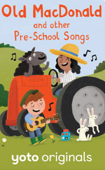An illustration featuring a boy playing guitar, a woman driving a tractor with a sheep, and two rabbits nearby, promoting the “Yoto Card: Old Macdonald & Other Pre-School Songs” by Yoto—a delightful collection of children’s songs for little ones to sing and dance along to on their Yoto player.