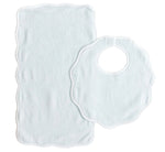A charming Terry Tots Bib & Burp Set, featuring a white scalloped-edge bib and matching burp cloth, is laid flat on a plain background—perfect for making special feeding moments even sweeter.