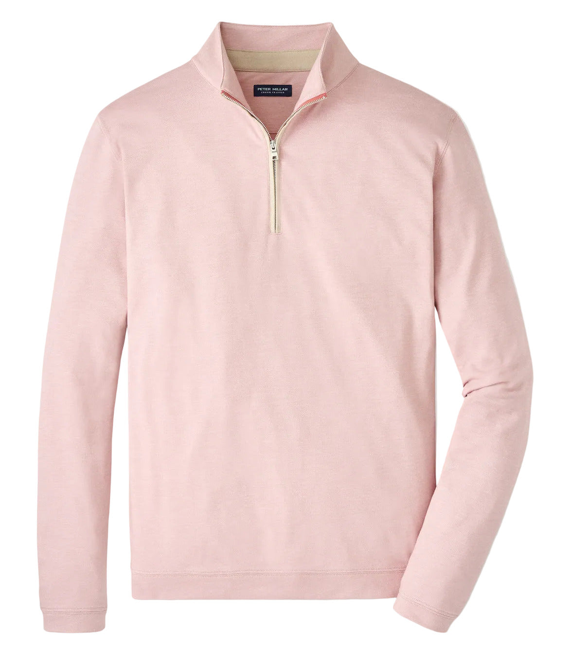 The Peter Millar Albatross Cotton-Blend Piqué Quarter-Zip is a light pink, lightweight performance sweater with a standing collar and visible zipper, crafted from soft piqué fabric and shown laid flat on a white background.