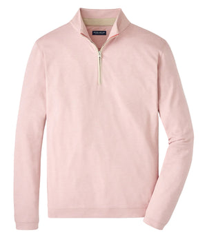The Peter Millar Albatross Cotton-Blend Piqué Quarter-Zip is a light pink, lightweight performance sweater with a standing collar and visible zipper, crafted from soft piqué fabric and shown laid flat on a white background.