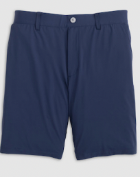 A pair of Johnnie-O Fusionn Shorts in plain navy blue chino style, featuring belt loops and a button closure with no visible patterns or logos.