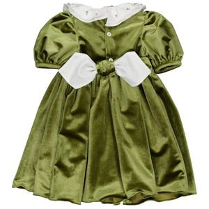 The Kidiwi Baby Girls' and Girls' Joséphine Smocked Dress features green velvet, short sleeves, a white embroidered collar, white buttons, and a large white waist bow.