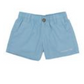 The Boys' Mallard Short by Properly Tied in light blue features an elastic waistband, quick-dry fabric, side pockets, and a front button closure, shown against a white background.