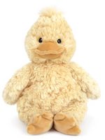 Waddles Duck by Mon Ami features round black eyes, an orange beak, and buttery-soft yellow fur crafted from recycled materials, sitting upright against a white background.