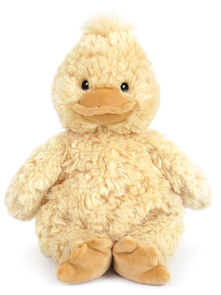 Waddles Duck by Mon Ami features round black eyes, an orange beak, and buttery-soft yellow fur crafted from recycled materials, sitting upright against a white background.