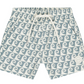 The Rylee & Cru Boys' Board Short features a blue and white wave pattern, elastic waistband with drawstring, side pockets, and a small circular logo on the left leg—ideal for coordinated swimwear looks.