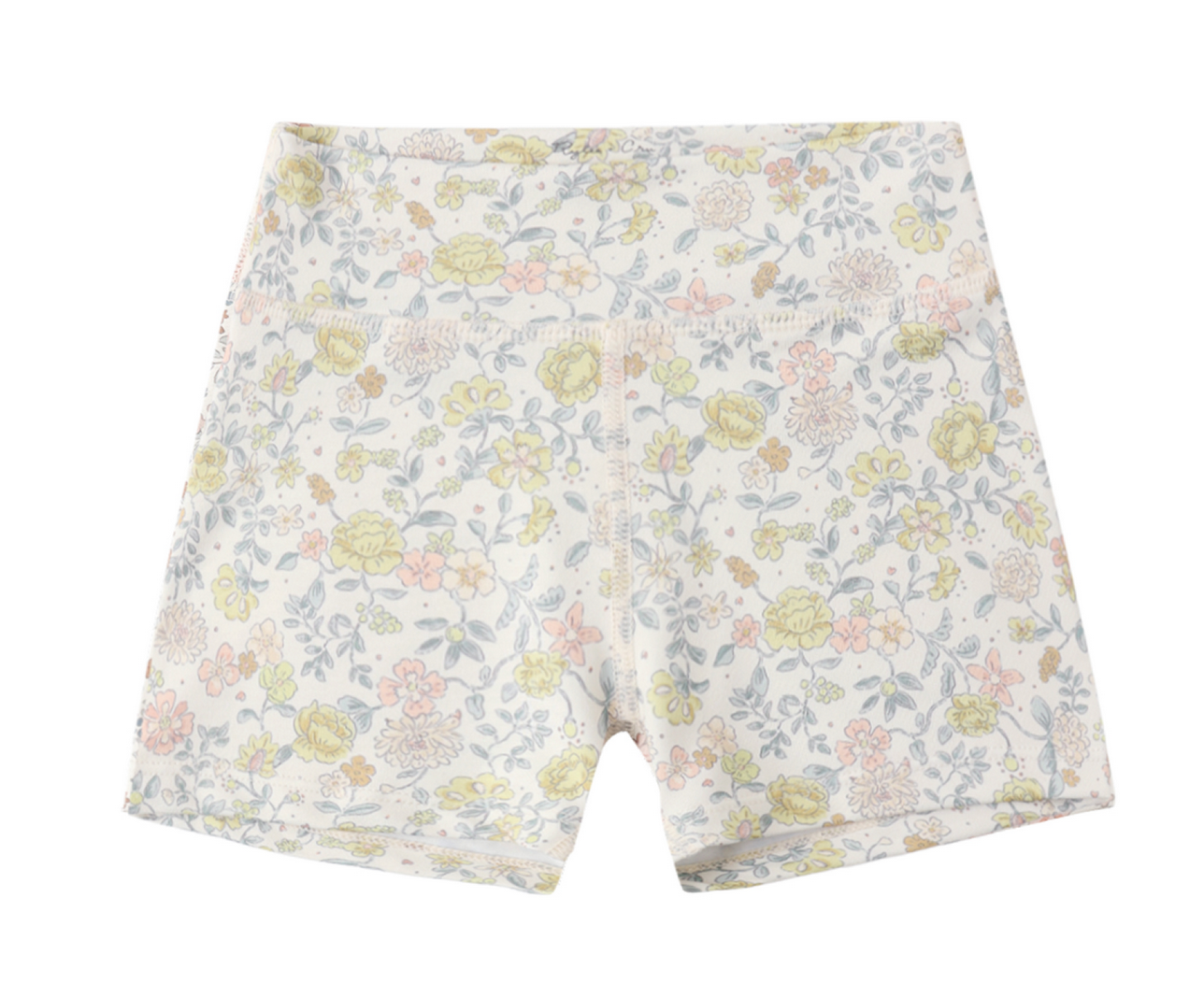 The Girls' Shortie Short by Rylee & Cru features a high-waisted, fitted design with a pastel floral print on white, shown laid flat against a white surface.