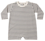 The Quincy Mae Baby Boys’ Long Sleeve Romper features classic horizontal black and white stripes, a crew neckline, and convenient snap closures at the crotch for easy dressing—making it an ideal choice for everyday comfort.