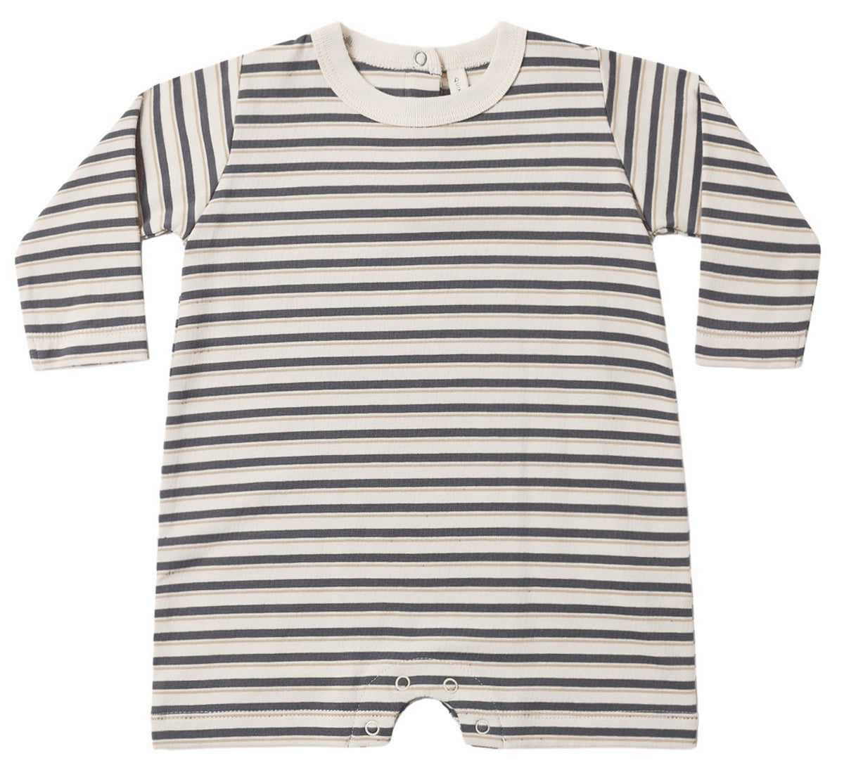 The Quincy Mae Baby Boys’ Long Sleeve Romper features classic horizontal black and white stripes, a crew neckline, and convenient snap closures at the crotch for easy dressing—making it an ideal choice for everyday comfort.