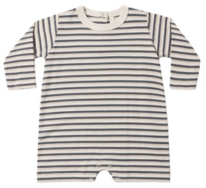 The Quincy Mae Baby Boys’ Long Sleeve Romper features classic horizontal black and white stripes, a crew neckline, and convenient snap closures at the crotch for easy dressing—making it an ideal choice for everyday comfort.