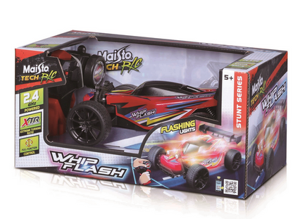 Boxed Maisto R/C WhipFlash Light-up Buggy in red and black, designed for ages 5 and up. This high-speed toy car features a light-up body with flashing lights, a 2.4GHz remote control, and an extreme turning ratio, all packaged in Stunt Series packaging.