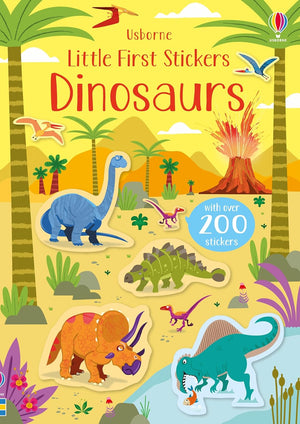 The "Little First Stickers Dinosaurs" book from Harper Collins features a cartoon dinosaur cover with prehistoric scenes, volcano, plants, and a badge highlighting "with over 200 stickers.
