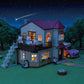 A Calico Critters animal family, featuring the cherished Chocolate Rabbit family, is gathered in and around the Country Home-Secret Attic Playroom at night, its cozy interior lights shining as a pink car is parked outside the charming home beneath a star-filled sky.