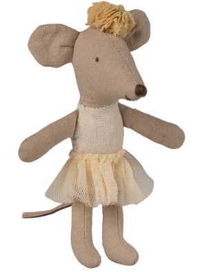 Maileg Off White Ballerina Mouse - Little Sister features a charming stuffed mouse wearing an off-white tutu and headband, standing upright with its arms outstretched.