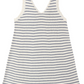The Girls' Crochet Tank Mini Dress by Rylee & Cru is a sleeveless summer dress with a white base and horizontal navy stripes, featuring a V-neck and ribbed knit texture—perfect for sunny days.