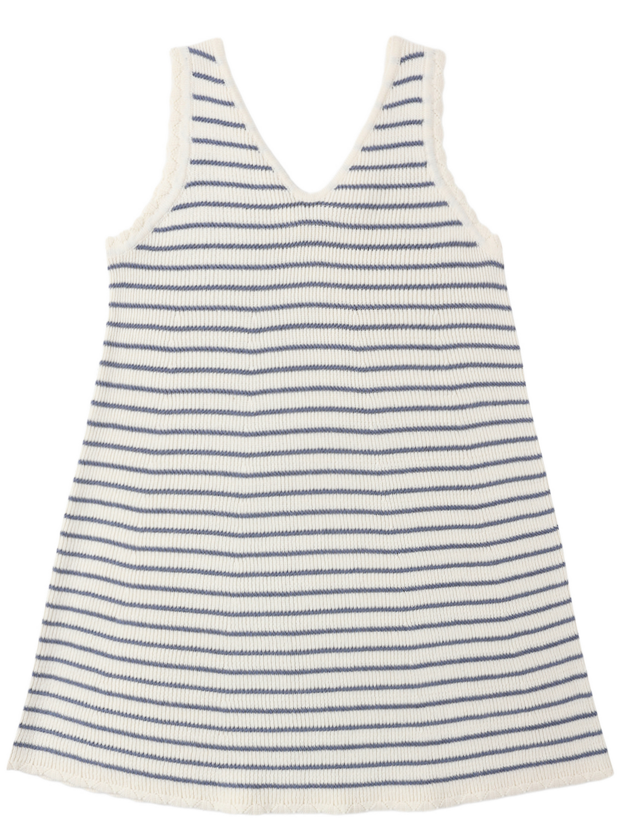 The Girls' Crochet Tank Mini Dress by Rylee & Cru is a sleeveless summer dress with a white base and horizontal navy stripes, featuring a V-neck and ribbed knit texture—perfect for sunny days.