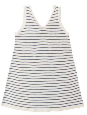 The Girls' Crochet Tank Mini Dress by Rylee & Cru is a sleeveless summer dress with a white base and horizontal navy stripes, featuring a V-neck and ribbed knit texture—perfect for sunny days.
