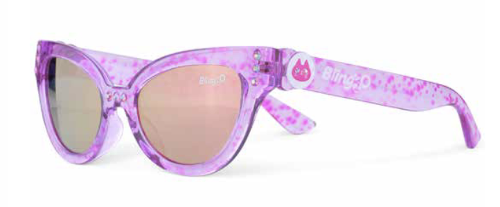 The Bling2O Girls’ Malibu Beach Sunglasses feature magenta, pink-speckled cat-eye frames with UV-protected lenses and display a cartoon cat and the word “Bingo” on the arms.