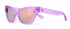 The Bling2O Girls’ Malibu Beach Sunglasses feature magenta, pink-speckled cat-eye frames with UV-protected lenses and display a cartoon cat and the word “Bingo” on the arms.