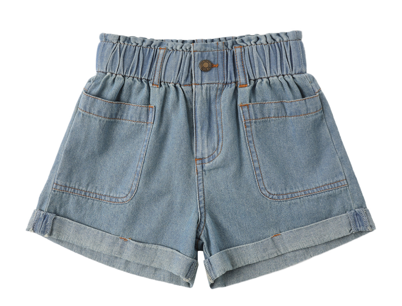 The Girls' Alba Denim Short by Rylee & Cru features light blue denim, an elastic waistband, front button and zip closure, two front patch pockets, and rolled cuffs, displayed on a white background.