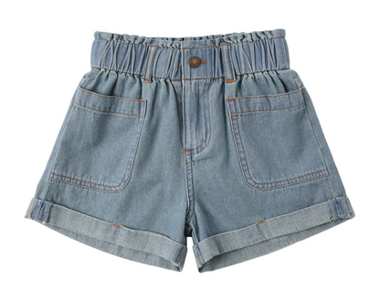 The Girls' Alba Denim Short by Rylee & Cru features light blue denim, an elastic waistband, front button and zip closure, two front patch pockets, and rolled cuffs, displayed on a white background.