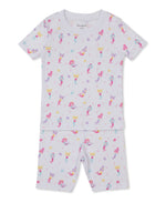 The Kissy Kissy Baby Girls' and Girls' Underwater Mermaids Short PJ Set features a soft Pima cotton two-piece pajama with short sleeves and shorts, adorned with a colorful mermaid and sea creatures print on a white background.