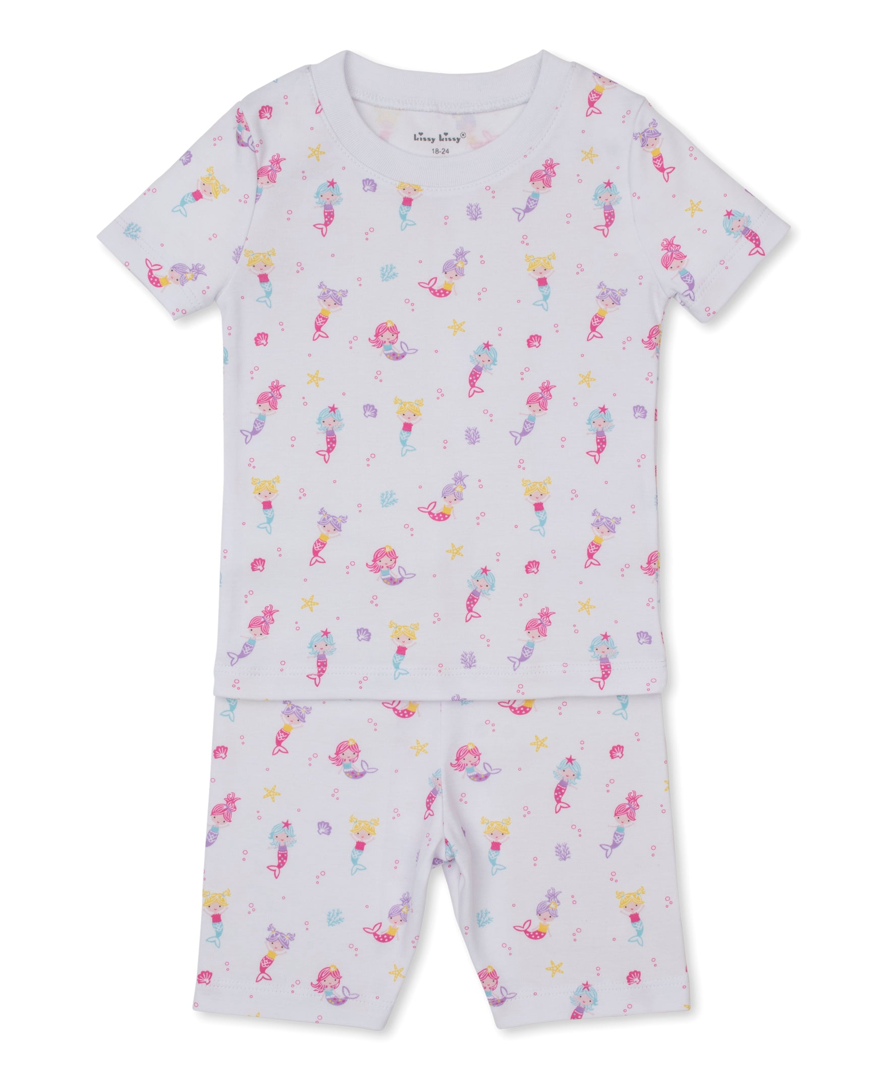 The Kissy Kissy Baby Girls' and Girls' Underwater Mermaids Short PJ Set features a soft Pima cotton two-piece pajama with short sleeves and shorts, adorned with a colorful mermaid and sea creatures print on a white background.
