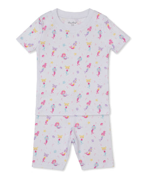 The Kissy Kissy Baby Girls' and Girls' Underwater Mermaids Short PJ Set features a soft Pima cotton two-piece pajama with short sleeves and shorts, adorned with a colorful mermaid and sea creatures print on a white background.