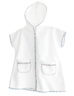 Terry Tots’ Kids’ Sleeveless Cover Up – Blue Floral is a sleeveless, hooded children’s poncho featuring two front pockets and floral ruffle trim along the edges, zipper, and pockets—an ideal terrycloth cover up for beach days or poolside fun.