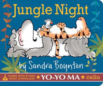 The "Jungle Night" board book by Simon & Schuster features a tiger on its back with a mouse, the title on the cover, animal snore recordings, and cello music by Yo-Yo Ma.