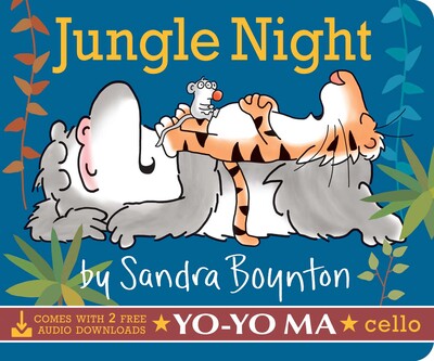 The "Jungle Night" board book by Simon & Schuster features a tiger on its back with a mouse, the title on the cover, animal snore recordings, and cello music by Yo-Yo Ma.