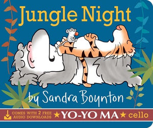 The "Jungle Night" board book by Simon & Schuster features a tiger on its back with a mouse, the title on the cover, animal snore recordings, and cello music by Yo-Yo Ma.