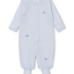 The Baby Premier Puppies Striped Footie by Kissy Kissy is an ideal baby shower gift. This light blue, long-sleeved onesie features foot coverings and soft Pima cotton with small embroidered animals on the chest and leg, offering charm and comfort for any little one.