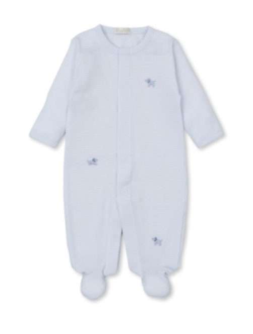 The Baby Premier Puppies Striped Footie by Kissy Kissy is an ideal baby shower gift. This light blue, long-sleeved onesie features foot coverings and soft Pima cotton with small embroidered animals on the chest and leg, offering charm and comfort for any little one.