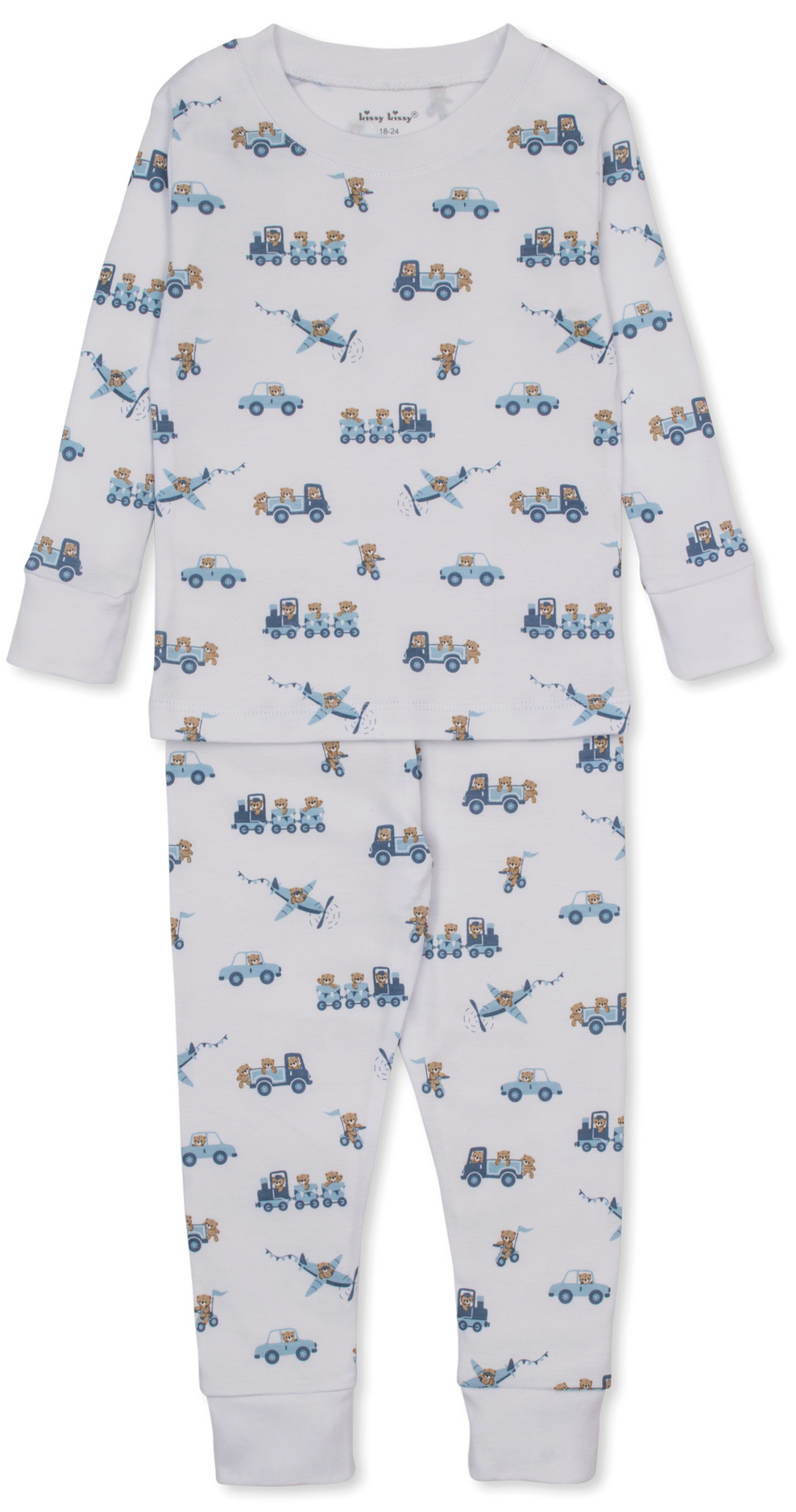 The Kissy Kissy Baby Bears on the Go Pajama Set is a children’s white pajama set with long sleeves and pants, crafted from soft Pima cotton and adorned with a playful pattern of blue trucks, helicopters, and fun bears.