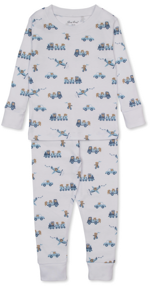 The Kissy Kissy Baby Bears on the Go Pajama Set is a children’s white pajama set with long sleeves and pants, crafted from soft Pima cotton and adorned with a playful pattern of blue trucks, helicopters, and fun bears.