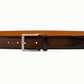 The Viento Belt by Magnanni is a brown calfskin leather belt featuring a brushed nickel buckle, laid out flat.